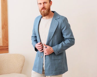 Linen mens jacket, Men's flax Blazer, Blue grey cardigan for men, Linen cardigan, Jacket for man, Linen coat, Wedding jacket, Gift for him,