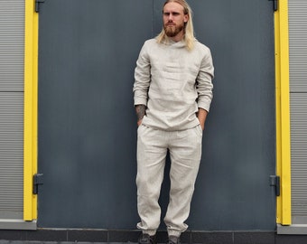 Linen mens costume, Summer pants, Linen pajama set, Gifts for men, Man's kit Linen set, Linen pants, Linen shirt, Natural color linen set