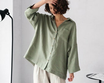 Womens oversized linen shirt, Wide sleeve shirt, Dress shirt, Olive color shirt, Loose linen shirt