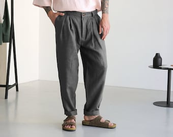 Mens linen pants with pleats, Grey linen joggers, Mens trousers, Loose fit pants, Baggy pants