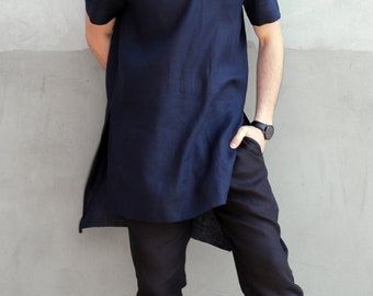 T-shirt en lin pour homme - Tunique pour homme - T-shirt basique - T-shirt élégant - T-shirt bleu foncé - Cadeau pour lui - Mode en lin pour homme