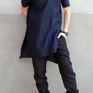 Linen t-shirt for men Men's tunic Basic t-shirt Stylish t-shirt Dark blue t-shirt Gift for him Men's linen fashion image 1