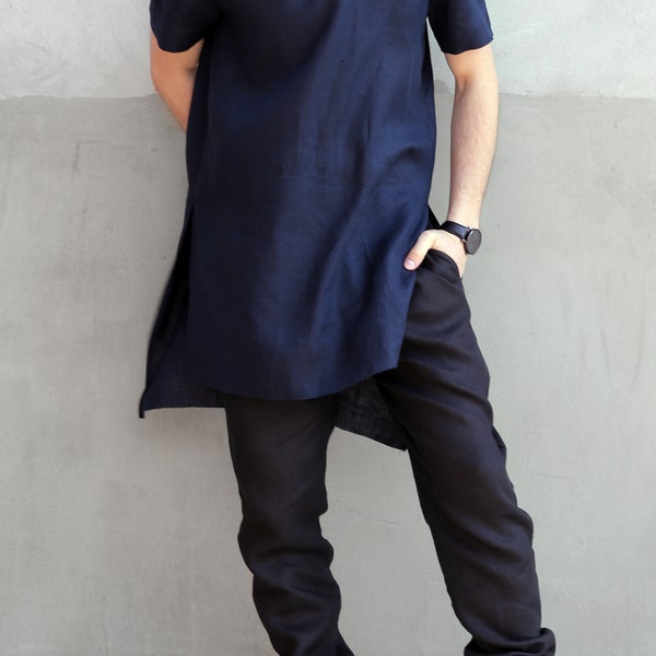 Camiseta de lino para hombre - Túnica de hombre - Camiseta básica - Camiseta con estilo - Camiseta azul oscuro Regalo para él - Moda de lino para hombre