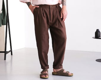 Mens linen pants with pleats, Linen joggers, Mens trousers, Loose fit pants, Baggy pants