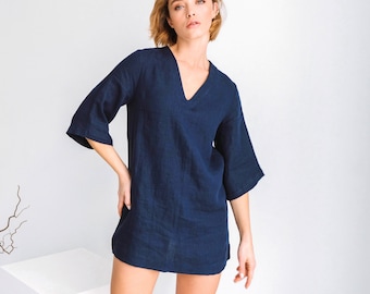 Robe d'été courte en lin, robe bleu foncé, robe à col en V, robe large en lin, cadeau pour femme, robe vocation bleue, robe de plage