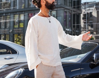 Mens linen t-shirt wide sleeves, Cream oversized t-shirt, Wide sleeve  t-shirt, Shirt for men, Relaxed Mens Gift for him, Beach linen shirt