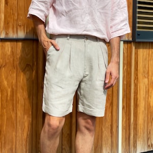 Heren linnen shorts met plooien, geplooide shorts, shorts voor mannen, zomershorts, beige kleur shorts, mans biologische kleding, vlas shorts afbeelding 4