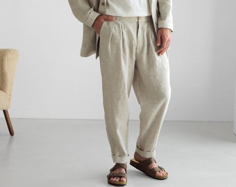 Mens linen pants with pleats, Linen joggers, Mens trousers, Loose fit pants, Baggy pants