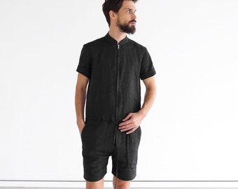 Linnen herenjumpsuit, herenoverall, herenromper, jumpsuit voor mannen, zwarte overall, cadeau voor hem, natuurlijk linnen jumpsuit, linnen romper