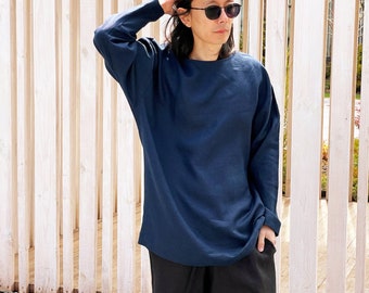 Mens linen oversize sweatshirt, Dark blue sweatshirt, Shirt for men, Mans relax shirt, Black shirt, Beach linen shirt, Linen loungewear