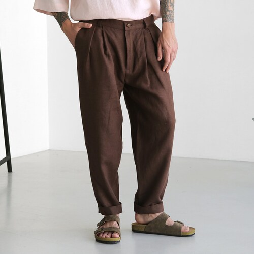 Mens Linen Pants With Pleats Linen Joggers Mens Trousers Etsy