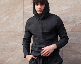 Hooded sweatshirt, Summer, Mens linen hoodie, Black shirt for men, Flax t-shirt, Flax hoodie, Gift for him, Beach hooded shirt