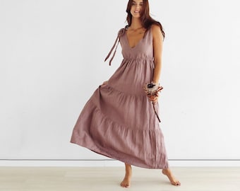 Natural linen dress, Summer beach dress, Loose linen dress, Latte sundress, Organic dress, dress flared, dress with straps