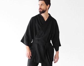 Mens linen kimono, Black kimono men, Handmade cardigan, Linen coat, Linen loungewear, Flax robe, Spa robe