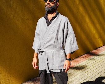 Herren Leinen Kimono, Latte Kimono Männer, Handgefertigte Strickjacke, Leinen Mantel, Leinen Loungewear, Flachs Robe, Spa Robe