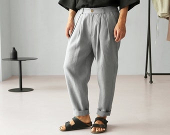 Pantalon en lin pour homme avec plis, pantalon de jogging en lin, pantalon pour homme, pantalon ample, pantalon ample