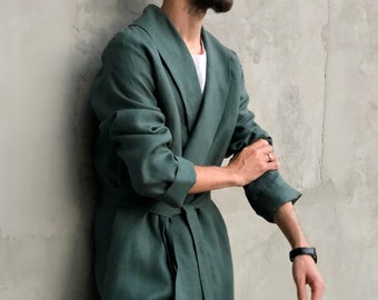 Linen robe for men, Natural loungewear, Green dressing gown, Handmade bathrobe, Men's robe, Spa robe, Housecoat, Gift for him