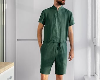 Linnen herenjumpsuit, herenoverall, herenromper, jumpsuit voor mannen, groene overall, cadeau voor hem, natuurlijk linnen jumpsuit, linnen romper