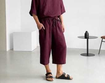 Mens loose linen pants, Cropped pants,  Loose Linen Shorts, Wild leg pants, Linen joggers, Mens trousers, Summer pants, Yoga pants