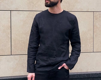 Mens linen t-shirt narrow neck , Long sleeve, Shirt for men, Mans relax shirt, Simple shirt, Black shirt, Beach linen shirt, Gift for him