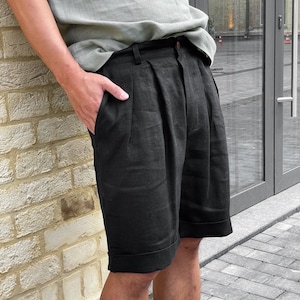 Mens linen shorts with Pleats, Pleated shorts, Shorts for men, Summer shorts, Black color shorts, Mans organic clothes, Flax shorts