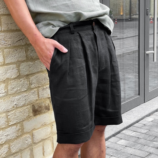 Short en lin pour homme avec plis, Short plissé, Short pour homme, Short d'été, Short de couleur noire, Vêtements bio pour homme, Short en lin