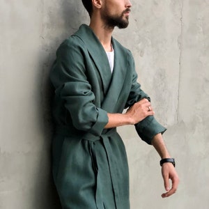 Linen robe for men, Natural loungewear, Green dressing gown, Handmade bathrobe, Men's robe, Spa robe, Housecoat, Gift for him