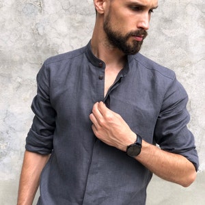 Mens linen shirt, Shirt for men, Wedding shirt, Gray shirt, Band collar shirt, Classic shirt, Gift for him, Beach shirt, Elegant linen shirt