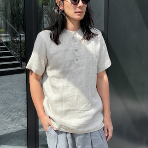 Mens linen henley shirt, Short sleeve shirt for men, Wedding shirt, Natural color shirt, Classic handmade, men&#39;s shirt, Natural linen shirt