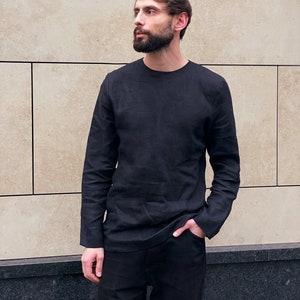 Mens linen t-shirt narrow neck , Long sleeve, Shirt for men, Mans relax shirt, Simple shirt, Black shirt, Beach linen shirt, Gift for him