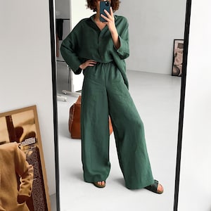 Wide-leg linen pants, Loose linen pants for woman, High-waisted pants