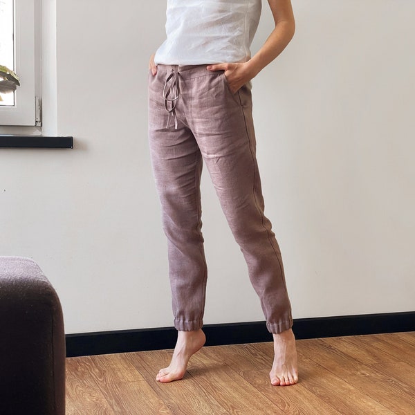 Pantalon en lin naturel, Pantalon d'été, Pantalon pour femme, Pantalon latte, Pantalon de pyjama pour femme, Pantalon de jogging en lin, Vêtements de détente en lin, Pantalon de yoga en lin