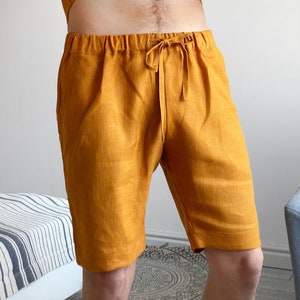 Mens linen shorts, Summer shorts, Shorts for men, Spring shorts, Mans organic clothes, Beach shorts, Basic shorts, Saffron shorts