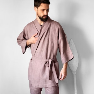 Mens linen kimono, Latte kimono men, Handmade cardigan, Linen coat, Linen loungewear, Flax robe, Spa robe