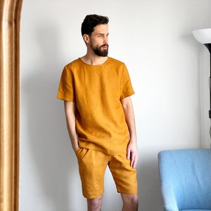 Linen mens costume, Gift for men, Man&#39;s kit, Linen set, Linen shorts Linen t-shirt, Saffron linen set, Shorts for men, Linen pahama set
