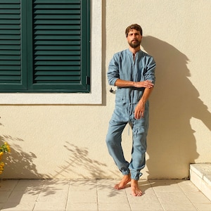 Mens linen jumpsuit, Mens overall, Mens romper, Jumpsuit for men, Blue-grey coveralls, Gift for him, Natural linen jumpsuit, Linen romper image 1