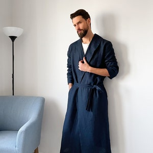 Linen robe for men, Natural loungewear, Dark blue dressing gown, Handmade bathrobe, Jacket for man, Mens robe Plus size, Gift for him