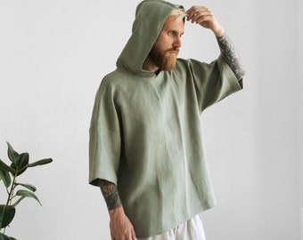 Mens hooded t-shirt, Summer green hoodie, Linen hoodie, Shirt for men, Flax t-shirt, Gift for him, Beach shirt, Linen style