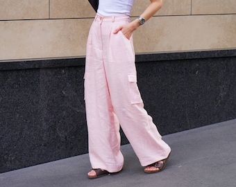 Wide-leg linen pants, Loose linen pants for woman, High-waisted pants