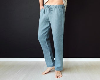 Pantalon en lin pour homme, Pantalon en lin, Pantalon de survêtement latte, Pantalon bio pour homme, Pantalon en lin naturel, Pantalon de pyjama, Pantalon printemps-été