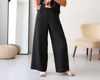 Wide-leg linen pants, Loose linen pants for woman, High-waisted pants