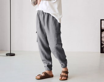 Herren Leinen Cargohose mit Seitentaschen, Sommerhose, Dunkelgraue Loungehose, Arbeitshose, Geschenk für ihn, Strandhose, Yogahose