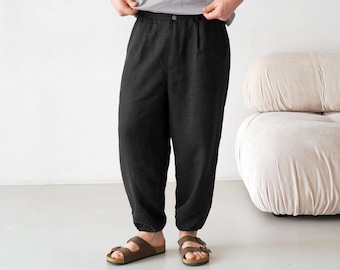 Mens pleated pants rubber on bottom, Black linen joggers, Mens trousers, Loose fit pants, Baggy pants