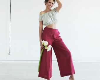 Culottes linen pants, Linen trousers, Natural flax pants, capri pants, loose linen pants for woman, jogger, wide pants, red trousers