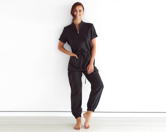 Womens linen jumpsuit, womens overall, romper, Jumpsuit for women, Black coveralls, Gift for her, Natural Black linen jumpsuit, Linen romper