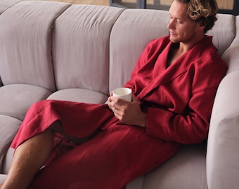 Linen robe for men, Natural loungewear, Red dressing gown, Handmade bathrobe, Sauna robe, Mens robe, Plus size Housecoat, Gift for him