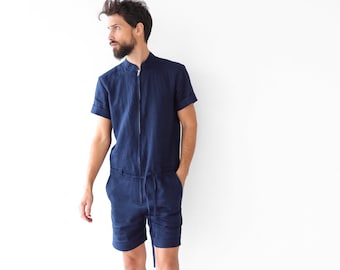 Mens linen jumpsuit, Mens overall, Mens romper, Jumpsuit for men, Dark blue coveralls, Gift for him, Natural linen jumpsuit, Linen romper