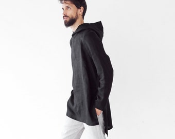 Linen long hoodie for men - Men's tunic - Basic hoodie - Stylish t-shirt - Black t-shirt - Gift for him - Men's linen fashion