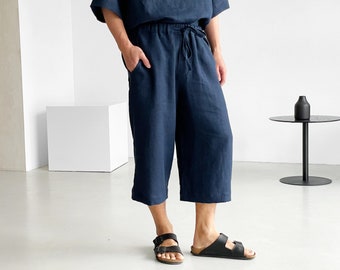 Mens loose linen pants, Cropped pants,  Loose Linen Shorts, Wild leg pants, Linen joggers, Mens trousers, Summer pants, Yoga pants