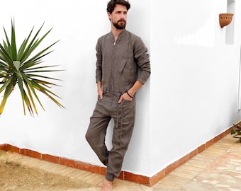 Mens linen jumpsuit, Mens overall, Mens romper, Jumpsuit for men, Dark grey  coveralls, Gift for him, Natural Dark Grey linen jumpsuit
